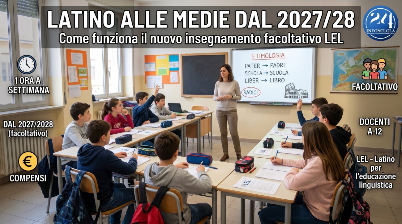 Latino alle medie dal 2027/2028: infografica e aula scolastica sul nuovo insegnamento facoltativo LEL - InfoScuola24