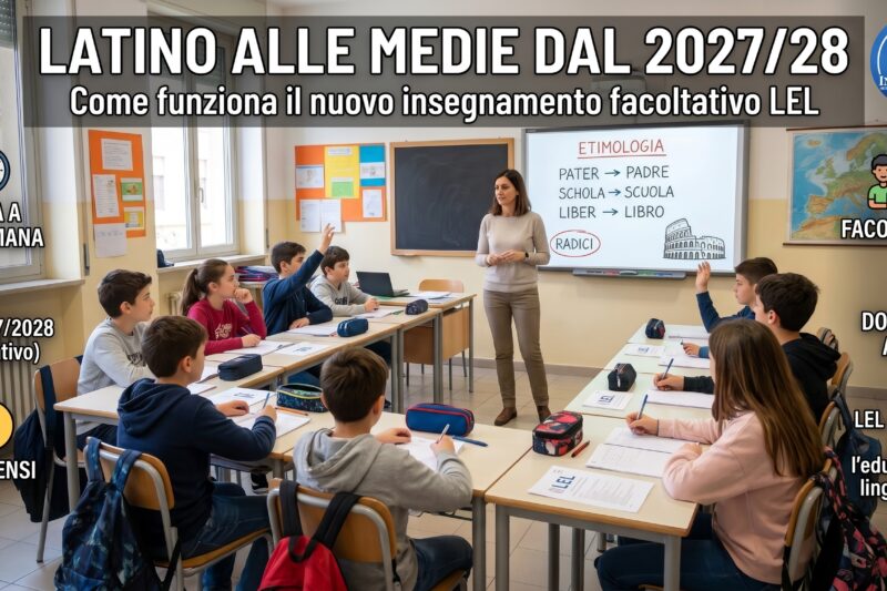Latino alle medie dal 2027/2028: infografica e aula scolastica sul nuovo insegnamento facoltativo LEL - InfoScuola24